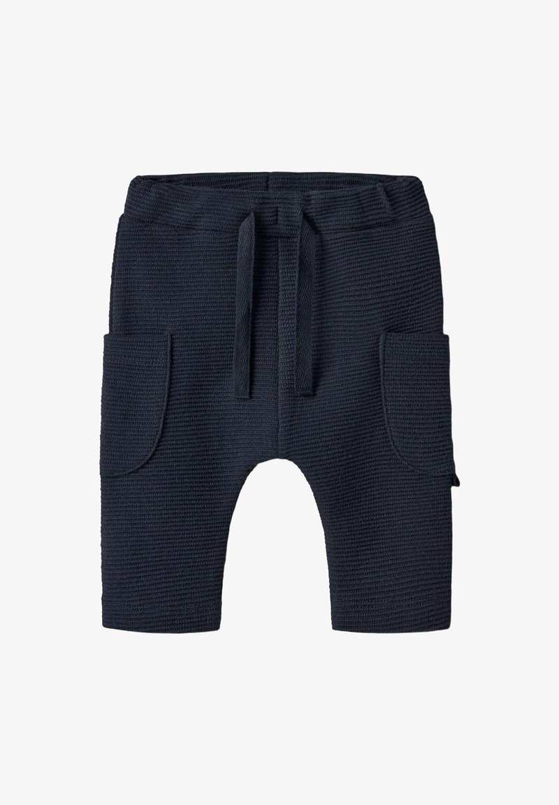 Navy blue textured toddler pants with elastic waistband, central drawstring, and two large front patch pockets.