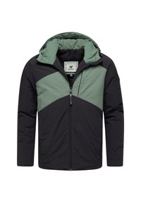 Svart och grön hooded jacka med dragkedja, med en geometrisk design, slät yta och avtagbar huva.