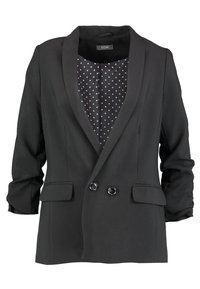 Blazer noir avec une finition satinée, col à revers cranté, deux poches avant, fermeture à double bouton, et doublure à motifs d'étoiles.