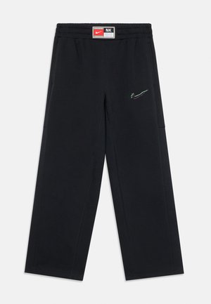 Pantalons Nike noirs avec une taille élastique, ornés d'un logo brodé multicolore. Conception à jambes droites avec poches latérales. Texture de tissu douce.