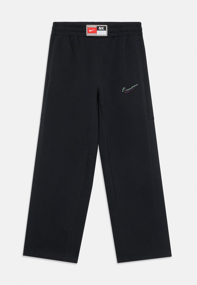 Svarta Nike-byxor med elastisk midja, med en flerfärgad broderad logotyp. Rakt bensnitt med sidofickor. Mjuk tygstruktur.