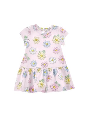 Vestido para niño pequeño de manga corta en rosa pastel con estampado floral de margaritas coloridas y dobladillo fruncido con volantes.