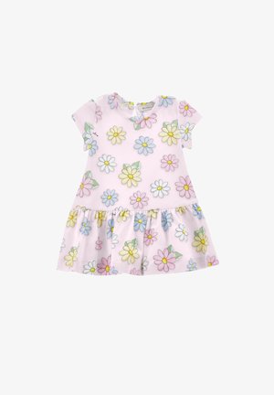 Pastelowa różowa sukienka dla malucha z krótkim rękawem, w kolorowy wzór stokrotek, z marszczonym falbanowym dołem.