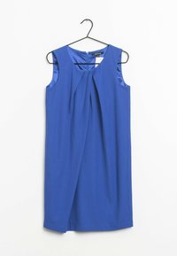 Blaues ärmelloses Kleid mit einer plissierten Vorderseite, gefertigt aus glattem Stoff. Verfügt über einen Reißverschluss auf der Rückseite und ein minimalistisches Design.