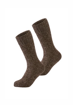 Brązowe skarpetki w prążki, wykonane z teksturowanej mieszanki wełny, o długości sięgającej połowy łydki i dopasowanym kroju zapewniającym ciepło i komfort.