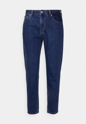 Dark blue denim jeans with a straight-leg design, five pockets, and a button-fly closure. Features subtle fading and stitch detailing.