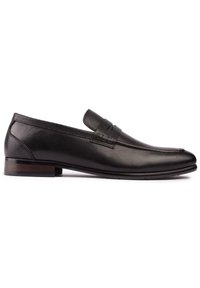 Black leather loafers with a smooth finish, elastic side panel, and a low wood-embellished heel. Features curved toe and minimal stitching details.