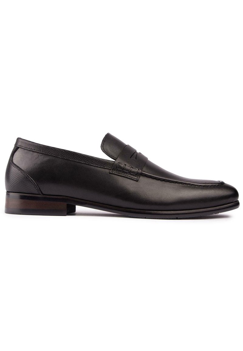 Black leather loafers with a smooth finish, elastic side panel, and a low wood-embellished heel. Features curved toe and minimal stitching details.