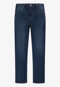 Jean en denim bleu foncé avec une coupe droite, présentant des poches avant et arrière, une fermeture à bouton, et des détails de couture visibles.
