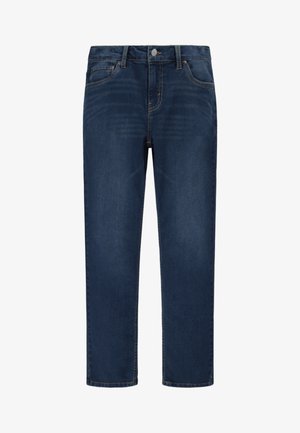 Mørkeblå denim jeans med rett benkutt, med front- og baklommer, batterislukking og synlige sømdetaljer.