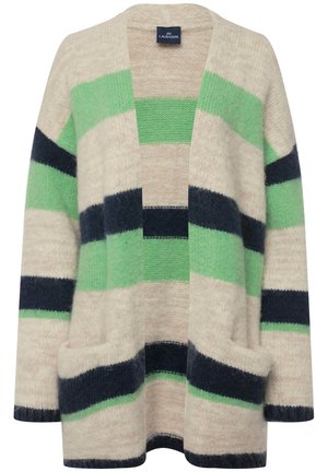 Strickjacke mit lockerer Passform, ausgestattet mit horizontalen Streifen in Grün, Marineblau und Beige, zwei Fronttaschen und einer strukturierten Oberfläche.
