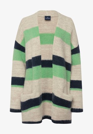 Gebreide cardigan met een losse pasvorm, voorzien van groene, marineblauwe en beige horizontale strepen, twee voorkantzakken en een gestructureerde afwerking.