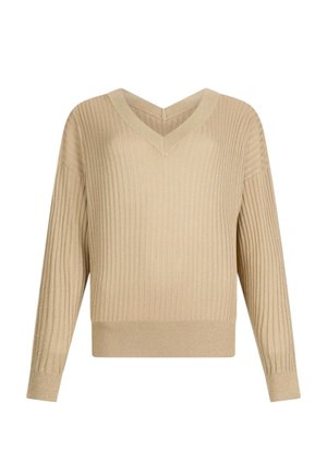 Maglione in maglia a coste color beige con scollo a V, maniche lunghe e polsini aderenti, progettato per un abbigliamento casual o semi-formale.