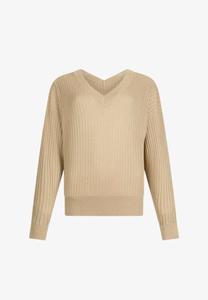 Maglione in maglia a coste color beige con scollo a V, maniche lunghe e polsini aderenti, progettato per un abbigliamento casual o semi-formale.