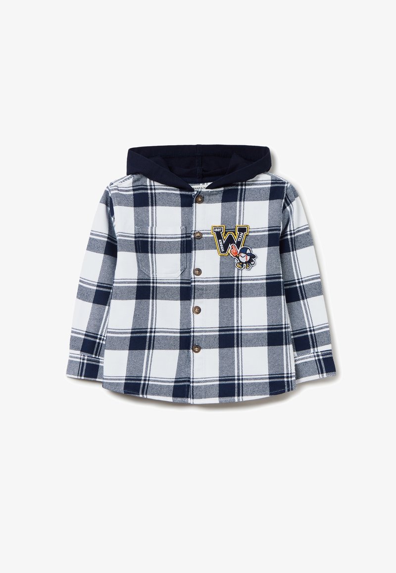 Chemise à manches longues à carreaux blancs et bleu marine avec boutons, capuche bleu marine, et écusson jaune en forme de "W" avec un petit pingouin tenant une carotte.