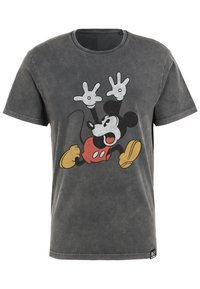 Grå bomulds t-shirt med en slidt Mickey Mouse grafik i sort, hvid og rød, med korte ærmer og en rund halsudskæring.
