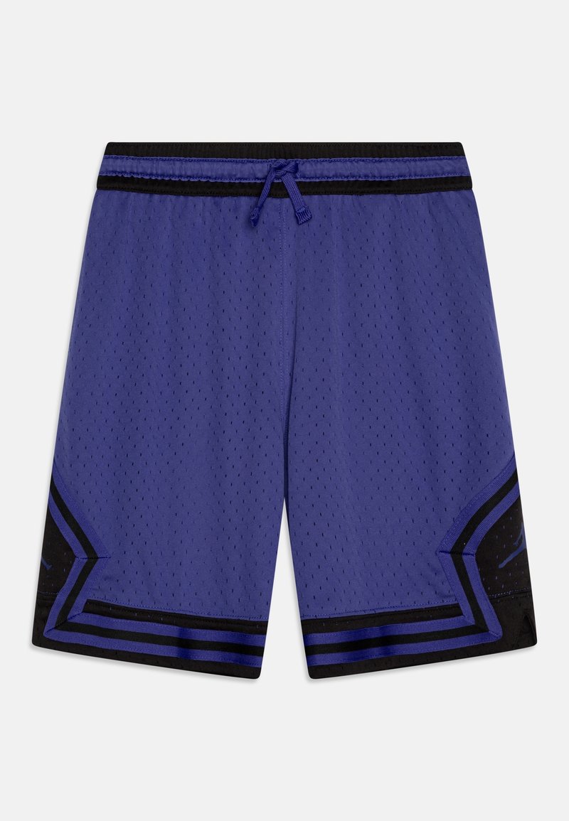 Shorts de sport bleus avec bordure noire, tissu en maille et taille ajustable avec cordon de serrage, présentés à plat sur un fond blanc.