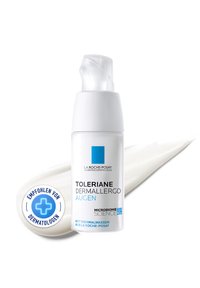 La Roche-Posay Toleriane Dermallergo Augen eye cream bottle with smear and dermatologist recommendation badge in German.