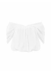 Biała bluzka z gromadzonym wzorem i szerokimi, luźnymi rękawami. Gładka tekstura z elastyczną taśmą zapewniającą dopasowanie i objętość.