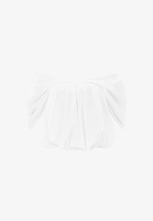 Biała bluzka z gromadzonym wzorem i szerokimi, luźnymi rękawami. Gładka tekstura z elastyczną taśmą zapewniającą dopasowanie i objętość.