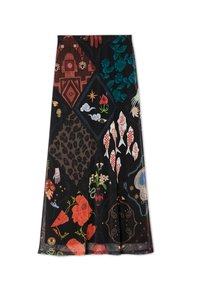 Maxi krilo s patchwork dizajnom v različnih barvah. Vsebuje cvetlične, živalske in abstraktne vzorce na črni podlagi, izdelano iz lahkotnega blaga.