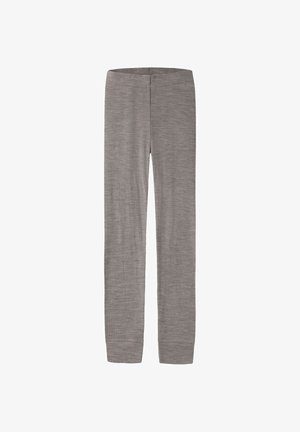 Grå ribstrikkede leggings med elastisk taljebånd og manchetter ved anklerne, vist fladt mod en hvid baggrund.