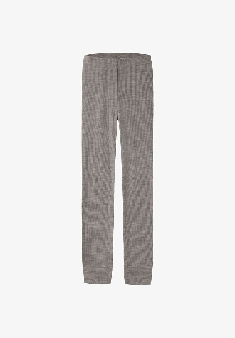 Leggings gris en maille côtelée avec une ceinture élastique et des chevilles resserrées, présentés à plat sur un fond blanc.