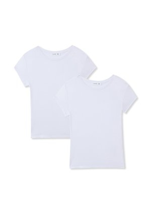 T-shirt bianchi in cotone con maniche corte e scollatura rotonda. Due magliette identiche esposte insieme, texture liscia, senza motivi o dettagli.