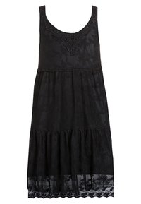 Vestido negro sin mangas con una tela texturizada, que presenta un patrón floral y un borde de encaje en el dobladillo, además de un bordado decorativo en el escote.