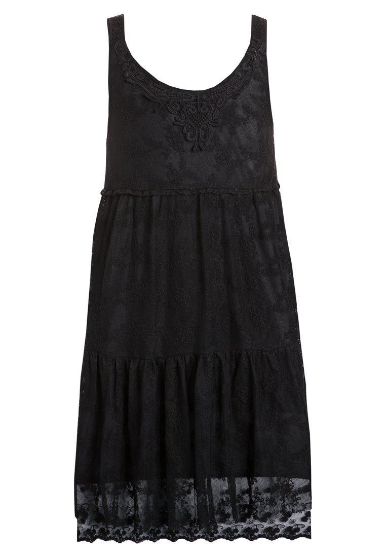 Vestido negro sin mangas con una tela texturizada, que presenta un patrón floral y un borde de encaje en el dobladillo, además de un bordado decorativo en el escote.