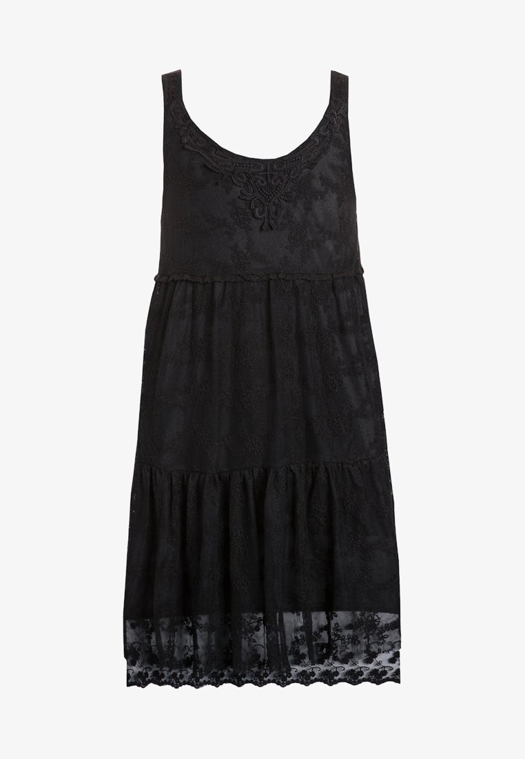 Vestido negro sin mangas con una tela texturizada, que presenta un patrón floral y un borde de encaje en el dobladillo, además de un bordado decorativo en el escote.