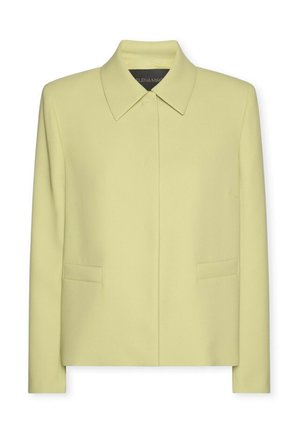 Veste vert clair confectionnée avec col large, fermeture avant dissimulée et deux poches à rabat sur le devant.