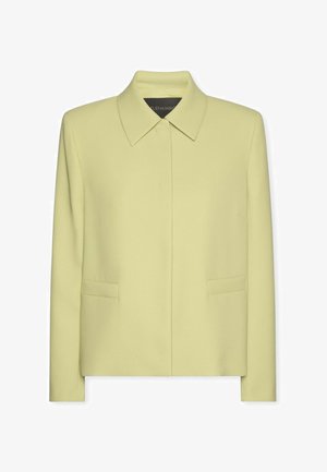 Jasnozielona dopasowana marynarka z szerokim kołnierzem, ukrytym zapięciem z przodu i dwiema przednimi kieszeniami z patkami.