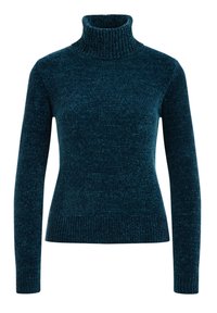 Mörk turkos polo-tröja i strukturerad stickad tyg. Har långa ärmar samt ribbade detaljer vid kragen och nederkanten.