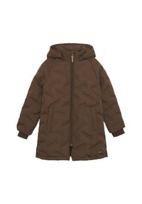 Brown puffer jacket with a hood, full zip closure, and two side pockets. Features ribbed cuffs and a quilted texture.
