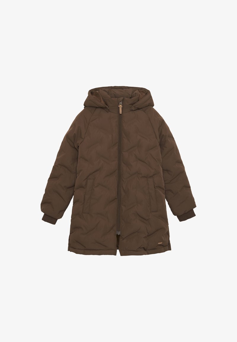 Braune dicke Jacke mit Kapuze, durchgehendem Reißverschluss und zwei Seitentaschen. Verfügt über gerippte Bündchen und eine gesteppten Textur.