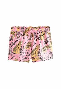 Roosad lühikesed püksid, millel on musta ja kollase leopard- ja tiigri muster. Painduva vöökohaga, millel on kinnitusnöör; sile kangastekstuuri.