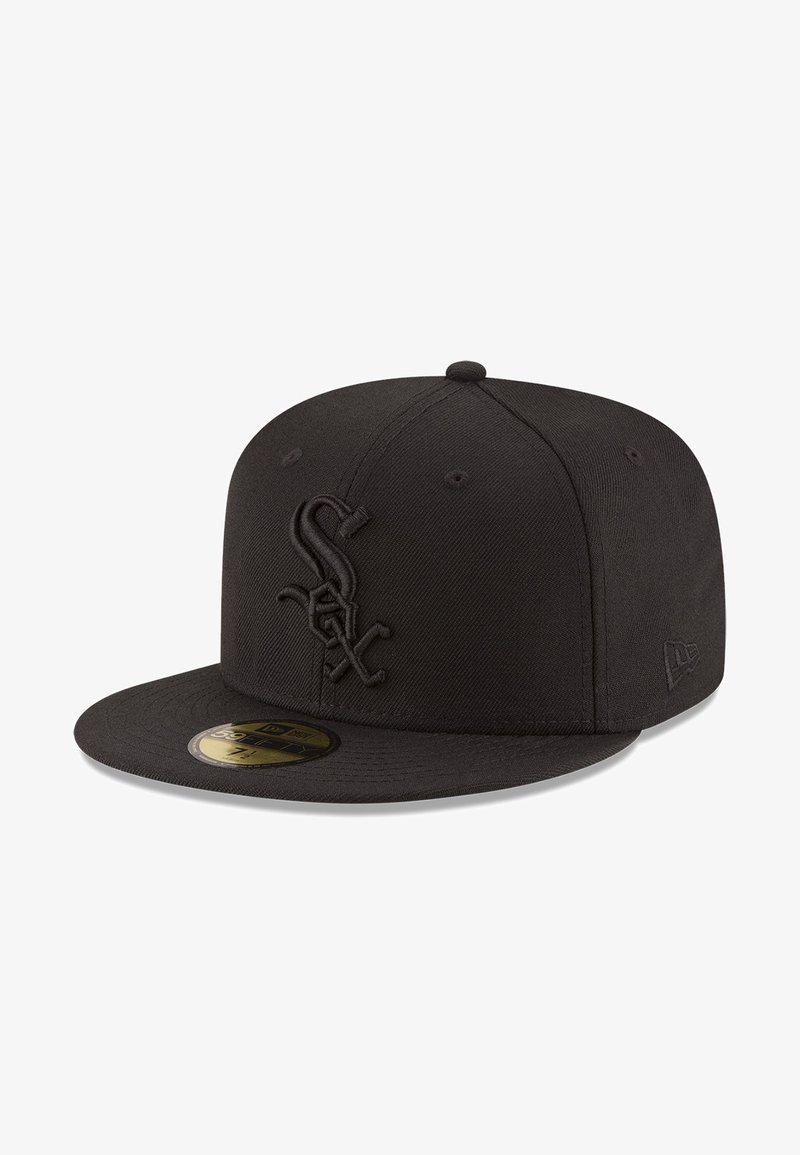 Black baseball cap made of textured fabric, featuring an embroidered logo on the front. Flat visor, fitted design, and tonal accents.