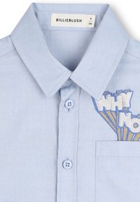 Lichtblauwe button-upshirt van katoen, voorzien van een borstzak en geborduurde tekst "WHY NOT" in blauwe en gouden accenten.