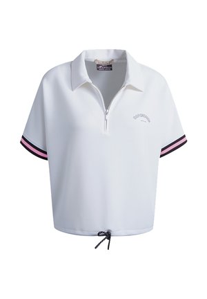 White short-sleeve polo shirt with half zipper, collar, pink and black striped sleeve cuffs, and a black drawstring at the hem.