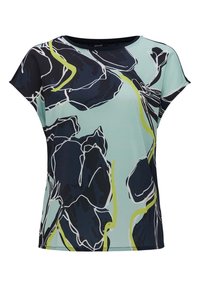 Kortärmad teal topp med ett blomstertryck i mörkblått och gröna accenter. Mjukt tyg med lös passform och rund halsringning.