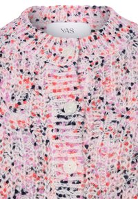 Gestrickte Strickjacke in Pastellrosa und Lila mit Sprenkeln in Orange und Marineblau. Mit rundem Ausschnitt und drei undurchsichtigen weißen Knöpfen.