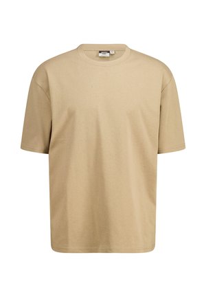 Beige Baumwoll-T-Shirt mit Rundhalsausschnitt, kurzen Ärmeln und lockerer Passform. Glatte Textur, keine sichtbaren Muster oder Akzente.