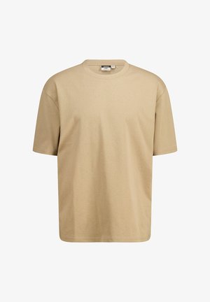 Beige Baumwoll-T-Shirt mit Rundhalsausschnitt, kurzen Ärmeln und lockerer Passform. Glatte Textur, keine sichtbaren Muster oder Akzente.