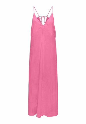 Różowa lniana sukienka maxi z głębokim dekoltem w literę V i cienkimi regulowanymi ramiączkami. Posiada zapięcie z tyłu na sznurek oraz luźny krój.