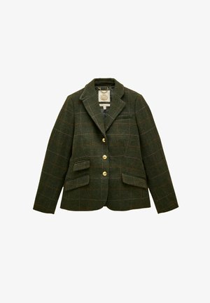 Grønternet blazer lavet af uld, med spids krave, guldbukser og to forlommer med en tætsiddende design og struktureret form.