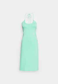 Vestido verde menta, sem mangas, com corpete ajustado, decote em forma de barco e um laço nas costas. Apresenta detalhes franzidos nos lados. Textura suave.