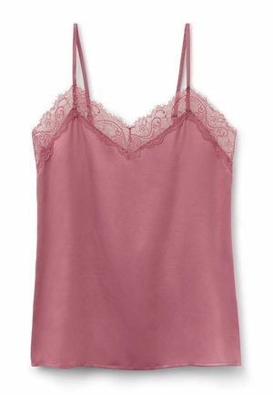 Ärmelloses Camisole in staubigem Rosa, mit Spitzenbesatz entlang des Ausschnitts und verstellbaren dünnen Trägern; glatte Satintextur.