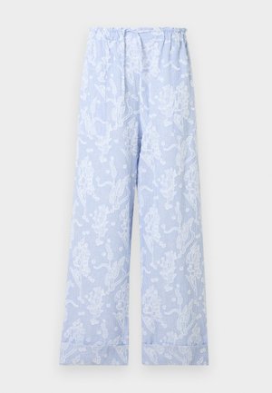 Pantaloni bleu deschis cu croială largă și talie elastică, având un strat superior din dantelă florală albă și dungi verticale subtile.