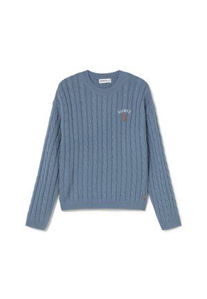Suéter azul de punto trenzado con mangas largas, cuello redondo y pequeño perro marrón bordado con el texto "BROWNIE" en el pecho.